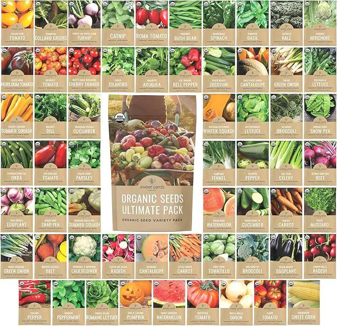 Organic Seeds Ultimate Variety Pack - 60 Individual Packs - 2025 Season - Geonvese Basil, Nantes Carrot, Roquette Arugula and More! for Indoor & Outdoor Planting (Non-GMO, Certified Organic) by GreenHaven Gardens