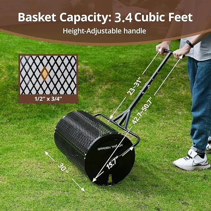 Compost Spreader 30 Inch Peat Moss Spreader with Installation Support Accessories, Metal Mesh Roller Lawn Spreader for Top Soil, Manure, Mulch, Top Dressing - Garden spreaders for lawns by GreenHaven Gardens