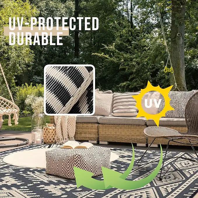 OLANLY Outdoor Rug Waterproof 6x9 ft, Reversible Outdoor Plastic Straw Rug, Boho Patio Rug, Indoor Outdoor Carpet, RV Mat Outside for Patio, Camp, Picnic, Balcony, Deck, Backyard, Black & Beige by GreenHaven Gardens