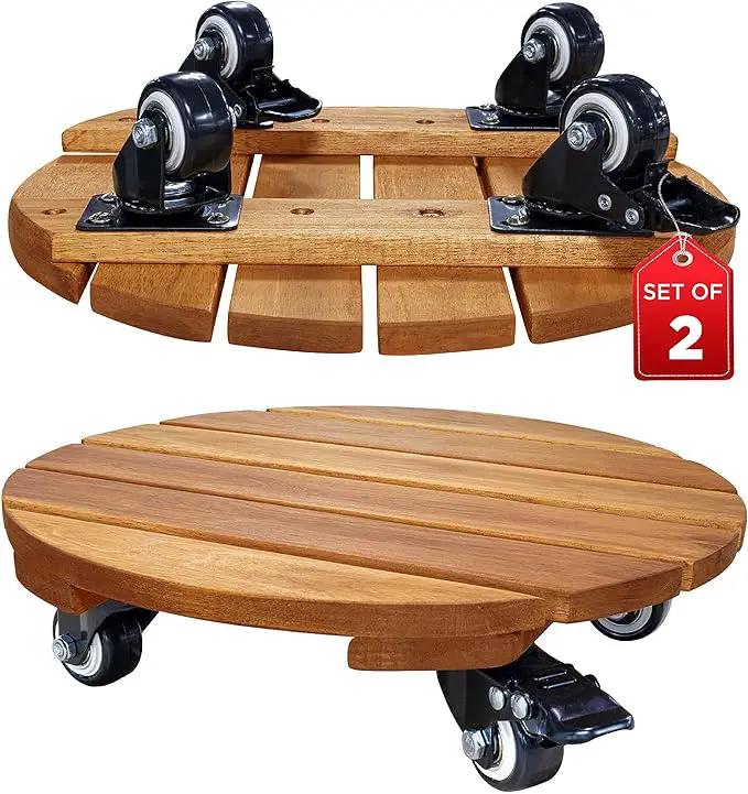 Idzo 2-Pack 14 Inch Acacia Wood Rolling Round Plant Caddy, Plant Caster for Heavy Duty Plant Stand with 360° Lockable Wheels, 264 lbs Capacity Caddy for Indoor and Outdoor Use, Natural Wood by GreenHaven Gardens