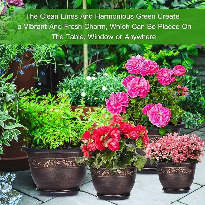 Plastic-Plant-Flower-Planters-12 Inch with Drainage Hole & Saucer, 3 Packs Lightweight Small Resin Flower Pot Indoor Outdoor, Retro Antique Imitation Decorative Garden Containers Sets for Houseplants by GreenHaven Gardens