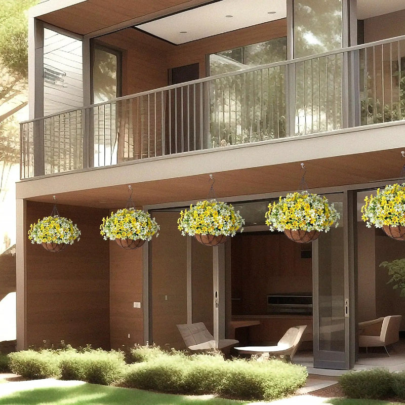 Artificial Silk Flowers Hanging Baskets Outdoors,Chrysanthemum with Eucalyptus Leaves Arrangement for Garden Yard Decor,Faux Plant in Metal Coconut Lining Flowerpot(Yellow) by GreenHaven Gardens