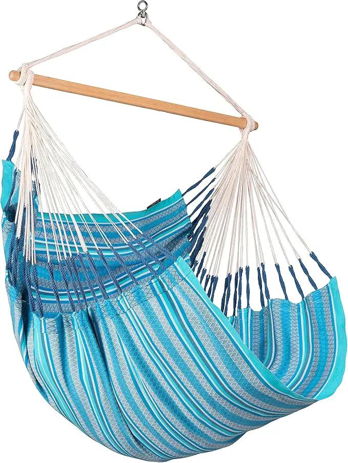 La Siesta® Large Comfort Habana Cotton Hanging Hammock Chair, Indoor Outdoor Hammock Swing Chair, Boho Hanging Chair Bedroom Patio, Max 285 Lbs, Azure by GreenHaven Gardens