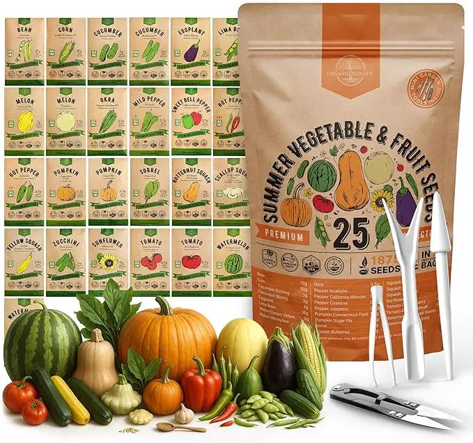 25 Summer Vegetable & Fruit Seeds Variety Pack - 1,870+ Non-GMO Heirloom Veggie & Fruits Seeds for Outdoors and Indoor Home Gardening, Including Collards, Tomato, Pepper, Okra, Onion, Bean, Cucumber by GreenHaven Gardens