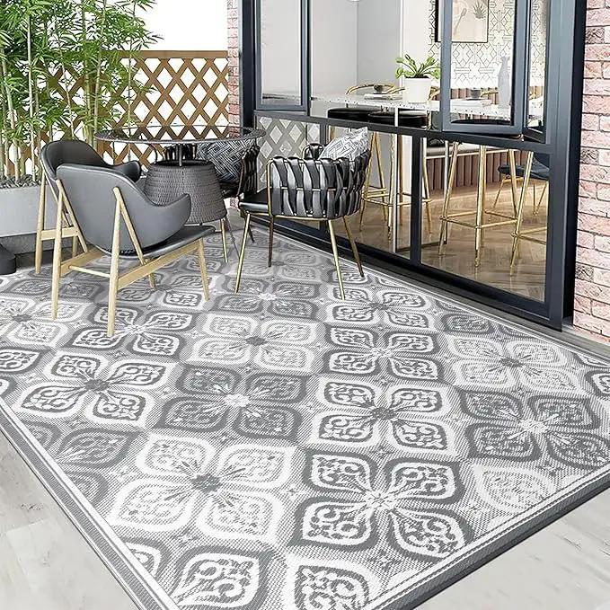 Pauwer Waterproof Outdoor Rug 8x10, Reversible Plastic Straw Patio Camping Rug, Indoor Outdoor RV Mat Carpet for Deck, Camper, Porch, Balcony, Backyard, Picnic, Clover Grey by GreenHaven Gardens