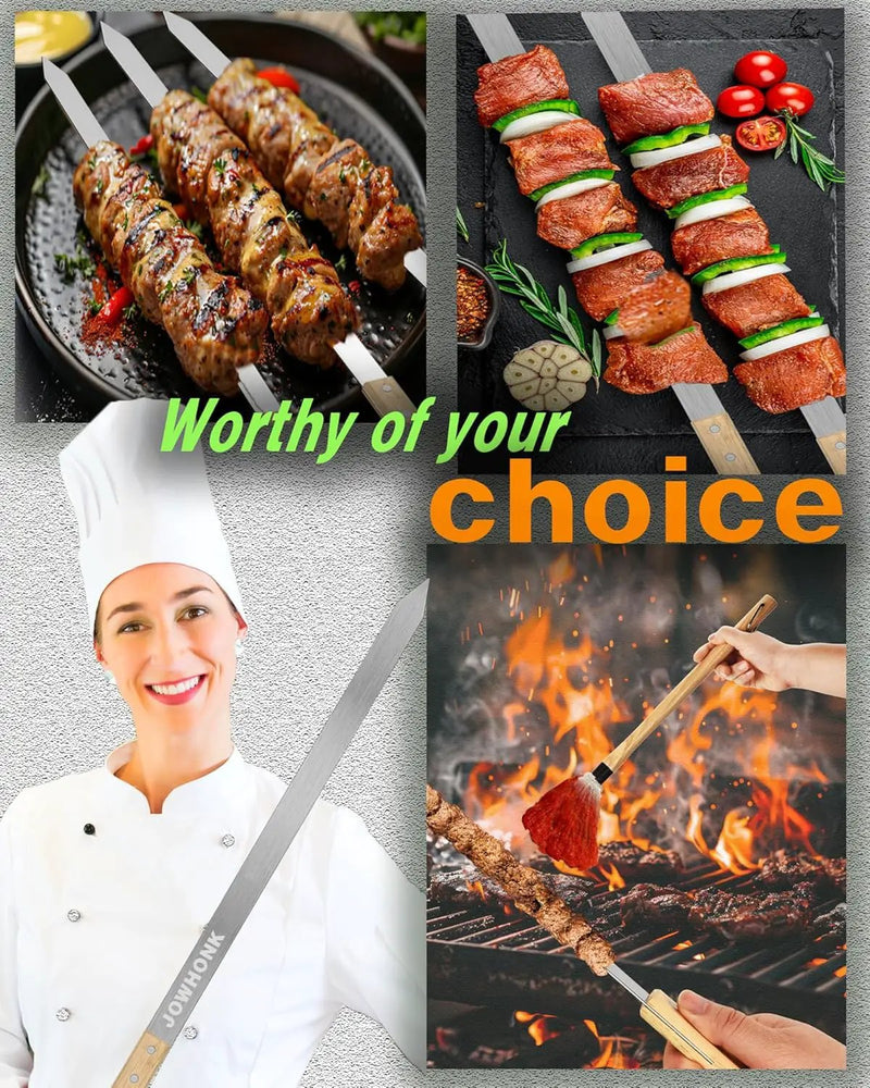 23.5" Long Skewers for Grilling,1 Inch Wide,304 Stainless Steel Skewer for Kabobs with Wood Handle,Heavy-Duty Metal Flat Barbecue Skewer Set Includes 4PCS BBQ Skewers,1PCS BBQ Mop Brush by GreenHaven Gardens