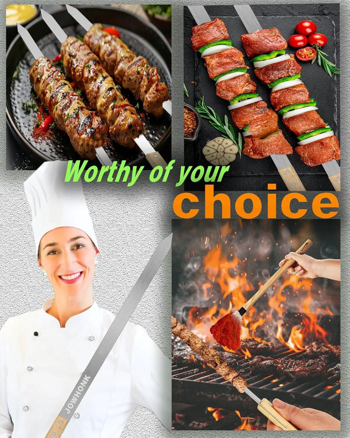 27 Inch Extra Long 1 Inch Wide Kabob Skewers for Grilling, Premium 304 Stainless Steel Barbecue Skewer with Wood Handle,Metal Flat Kebab Skewers include 8PCS BBQ Skewer,1PCS Grill Mop Brush by GreenHaven Gardens