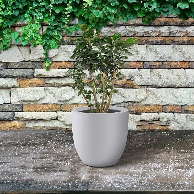 Kante 14 Inch Dia Round Concrete Planter, Indoor Outdoor Large Plant Pot with Drainage Hole and Rubber Plug for Home Patio Garden, Pure White by GreenHaven Gardens