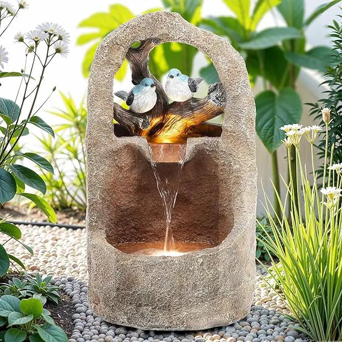 27" Outdoor Water Fountain with LED Lights,2-Tier Bird Natural Zen Garden Fountain, Relaxing Waterfall Floor, Yard, Porch or Deck Decor, Whether-Resistant, Faux Granite Texture by GreenHaven Gardens