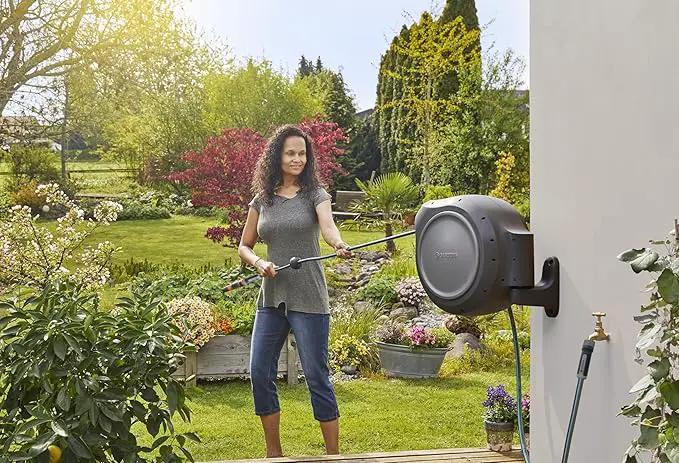 GARDENA 20502, Retractable Garden Hose Reel 75' x 1/2" hose, Wall Mounted, Automatic Retraction & Length Lock for Easy Watering. Heavy Duty Swivel Bracket 180°, Includes Nozzle. Made in Europe by GreenHaven Gardens