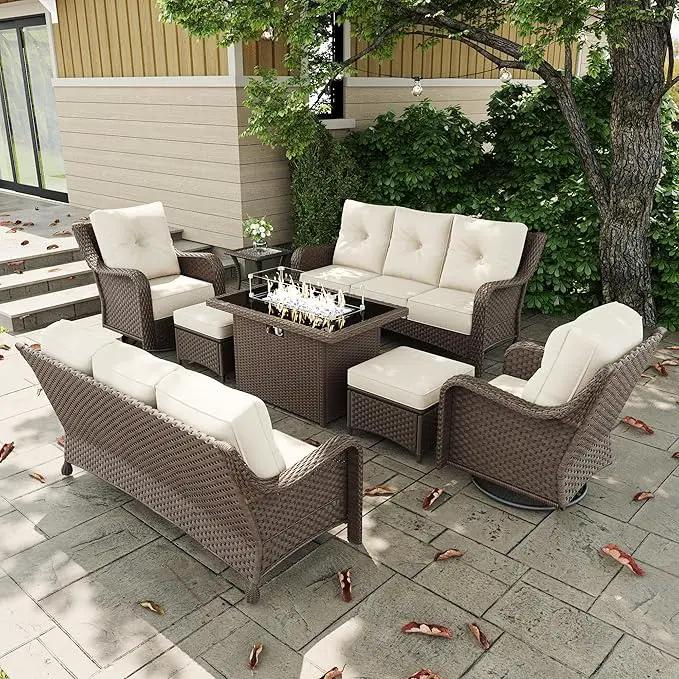 8 Pieces Outdoor Patio Furniture Sets with Rocking Swivel Chairs with 6-inch Thick Cushion and Fire Pit Table for Deck Lawn by GreenHaven Gardens