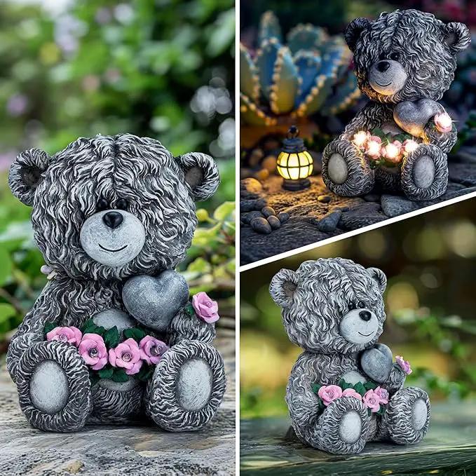 Solar Garden Outdoor Statues Bear with Heart and Pink Flower and 5 LED Lights-Lawn Decor Bear Statue for Patio, Balcony, Yard Ornament-Unique Valentine's Day and Housewarming Gifts for Mom, Women by GreenHaven Gardens