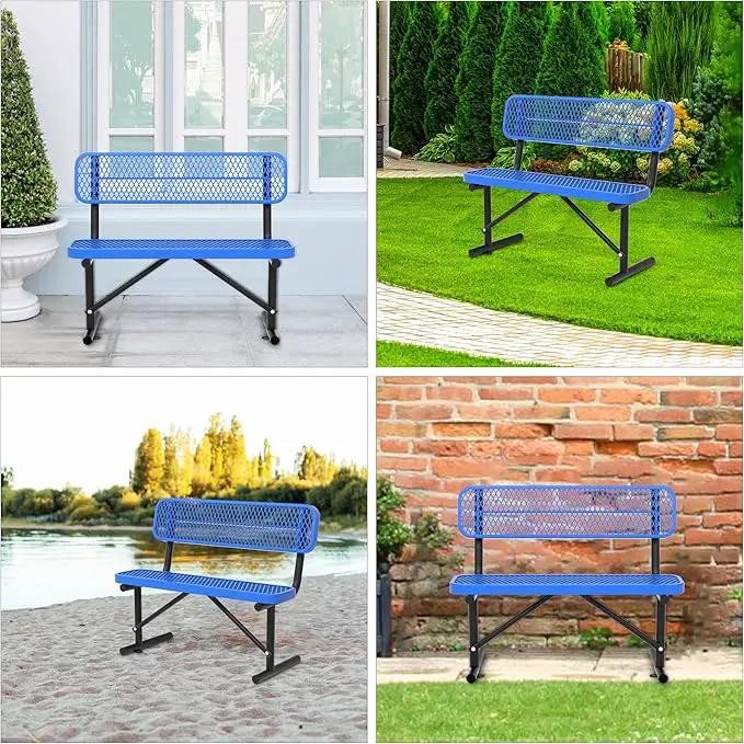 Heavy Duty Park Bench with Back Portable Frame, Outdoor Steel Bench with Backrest, Outdoor Park Bench Expanded Metal Mesh Bench for Lawn, Park, Deck, Garden, Patio, Porch, Black (Blue, 4FT) by GreenHaven Gardens