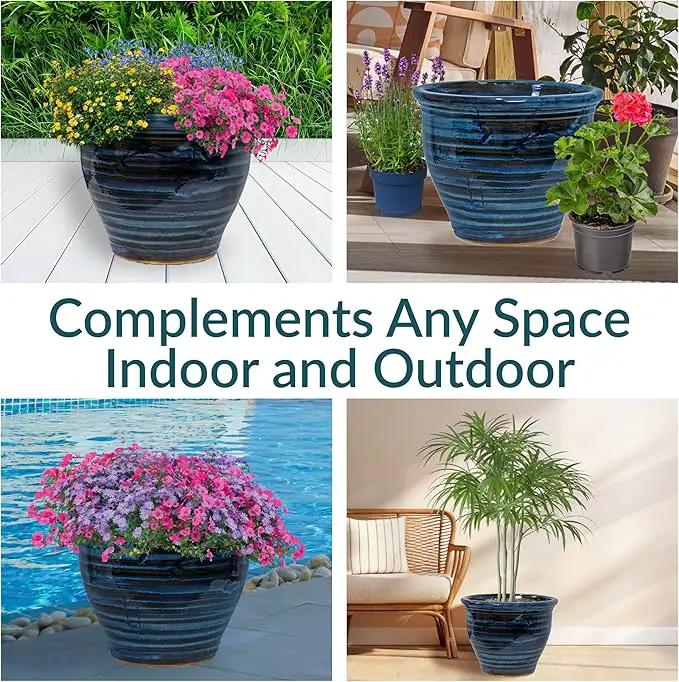 Sunnydaze Studio Large Ceramic Plant Pot - Round Outdoor Glazed Ceramic Planter Pot with Drainage - Galaxy Blue - 18.5" by GreenHaven Gardens