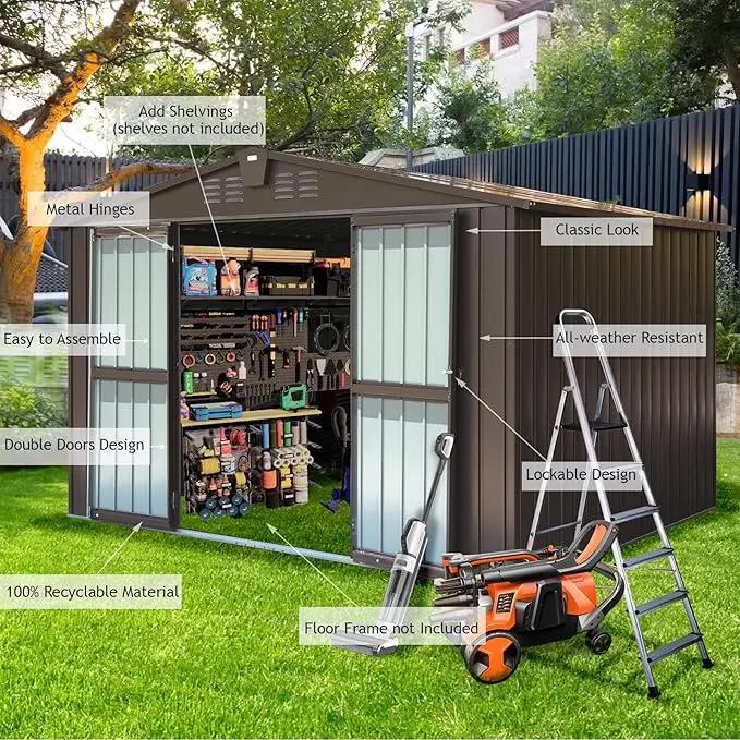 Domi Outdoor Storage Shed 10' x 8’, Metal Garden Shed with Galvanized Steel Frame for Bike, Tools, Lawn Mowers, Pool Toys, Outdoor Storage Cabinet with Lockable Door for Garden Lawn Patio (Dark Brown) by GreenHaven Gardens