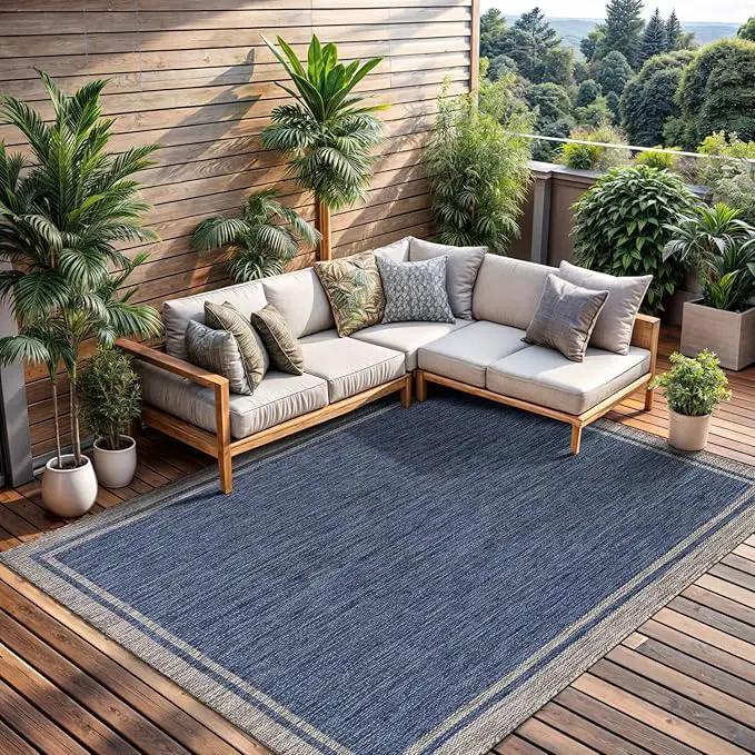 CAMILSON Outdoor Rug, 6x9 Bordered Navy Blue Gray Modern Area Rugs for Indoor and Outdoor Patios, Porches Waterproof Washable Porch Deck Outside Carpet (Bordered Navy, 6 x 9) by GreenHaven Gardens