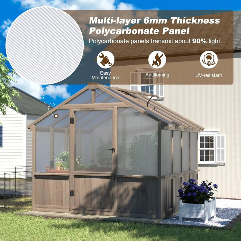 MUPATER 8' x 8' Wooden Polycarbonate Greenhouse with Ventilated Window & Lockable Door, 6mm Polycarbonate Panels for UV Protection, Walk-in Greenhouse for Outdoors, Patio, Backyard, Brown by GreenHaven Gardens