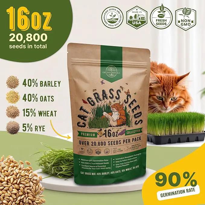 Organo Republic Cat Grass Seeds Mix - 20,800 Non-GMO Heirloom Seeds for Cats & Pets, 16 oz Pack for Growing Fresh Barley, Oat, Rye & Wheat Grass Seeds for Planting, Indoor Plants, Hairball Remedy by GreenHaven Gardens