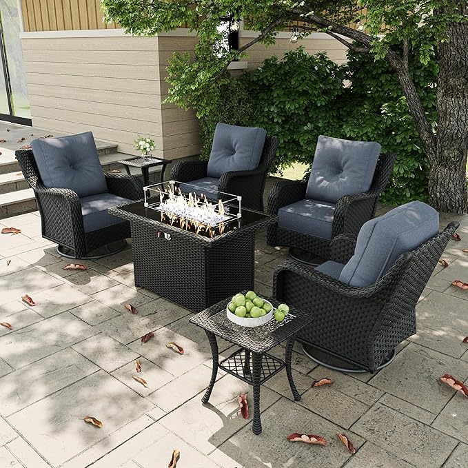7 Pieces Outdoor Patio Furniture Sets with Rocking Swivel Chairs with 6-inch Thick Cushion and Fire Pit Table for Deck Lawn by GreenHaven Gardens