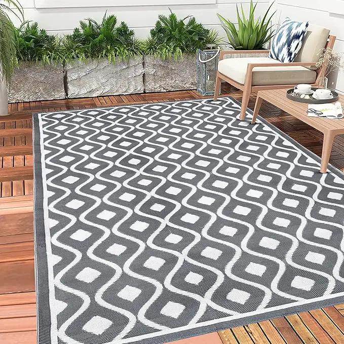 Pauwer Waterproof Outdoor Rug 6x9, Reversible Plastic Straw Patio Camping Rug, Indoor Outdoor RV Mat Carpet for Deck, Camper, Porch, Balcony, Backyard, Picnic, Geometric Grey by GreenHaven Gardens