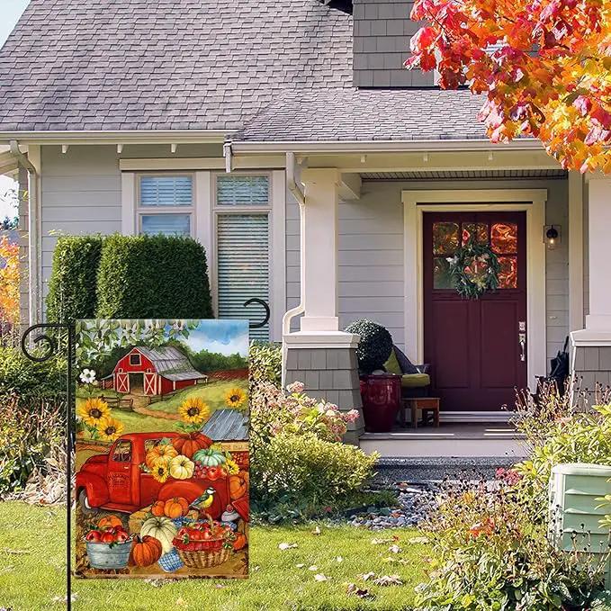 Morigins Autumn Harvest Farm Truck Fall Pumpkin Garden Decorations Double Sided FarmHouse Outdoor Garden Flag 12.5 x 18 Inch by GreenHaven Gardens