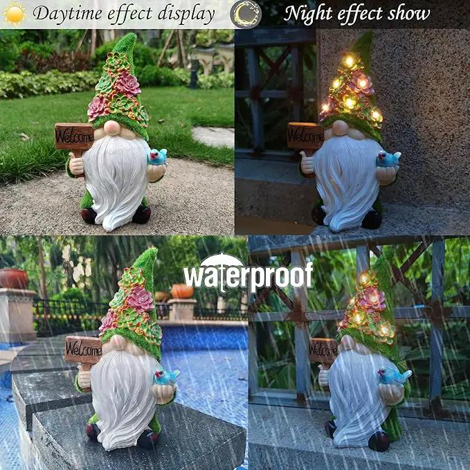 Solar Gnomes Garden Statues,Resin Gnome Figurine Holding Welcome Card and Bird with Solar Lights, Outdoor Gnomes Decorations for Yard Patio Lawn Porch, Garden Gifts by GreenHaven Gardens