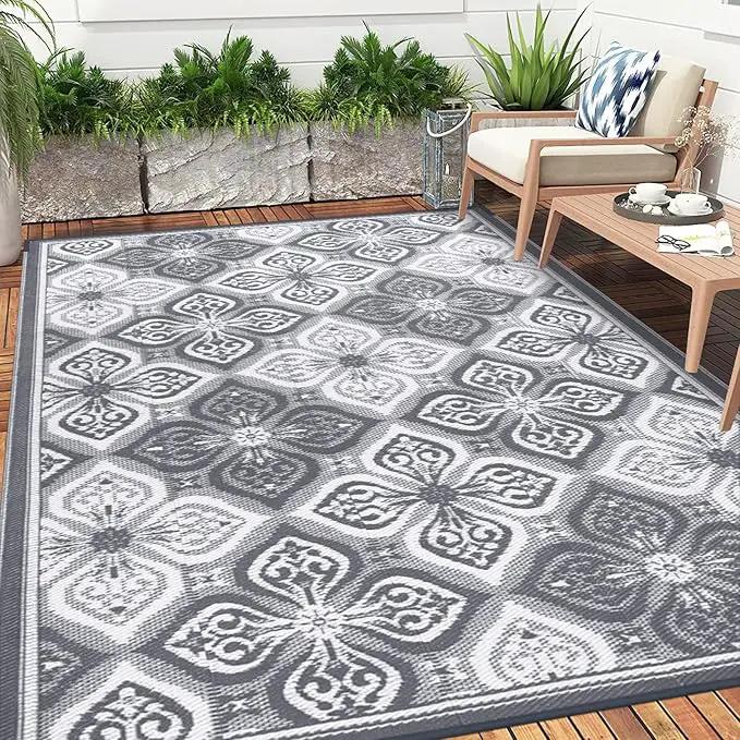 Pauwer Reversible Outdoor Rug, 6'x9', Waterproof, Polypropylene, Clover Grey, Area Rug for Patio, RV, Camping, Picnic, Backyard, Deck, Balcony, Porch by GreenHaven Gardens