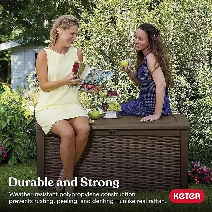 Keter Outdoor Storage Deck Box, for Patio, Backyard & Garden, Borneo, 110 Gallon, Brown - Lockable, Organizing, and Waterproof Plastic Container Bench by GreenHaven Gardens