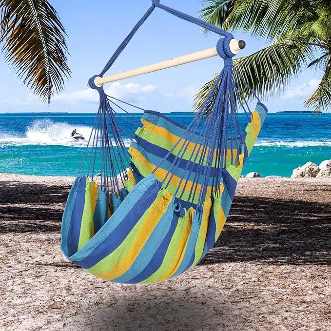 Highwild Hammock Chair Hanging Rope Swing - Max 500 Lbs - Steel Spreader Bar with Anti-Slip Rings - for Any Indoor or Outdoor Spaces (Blue Striped) by GreenHaven Gardens