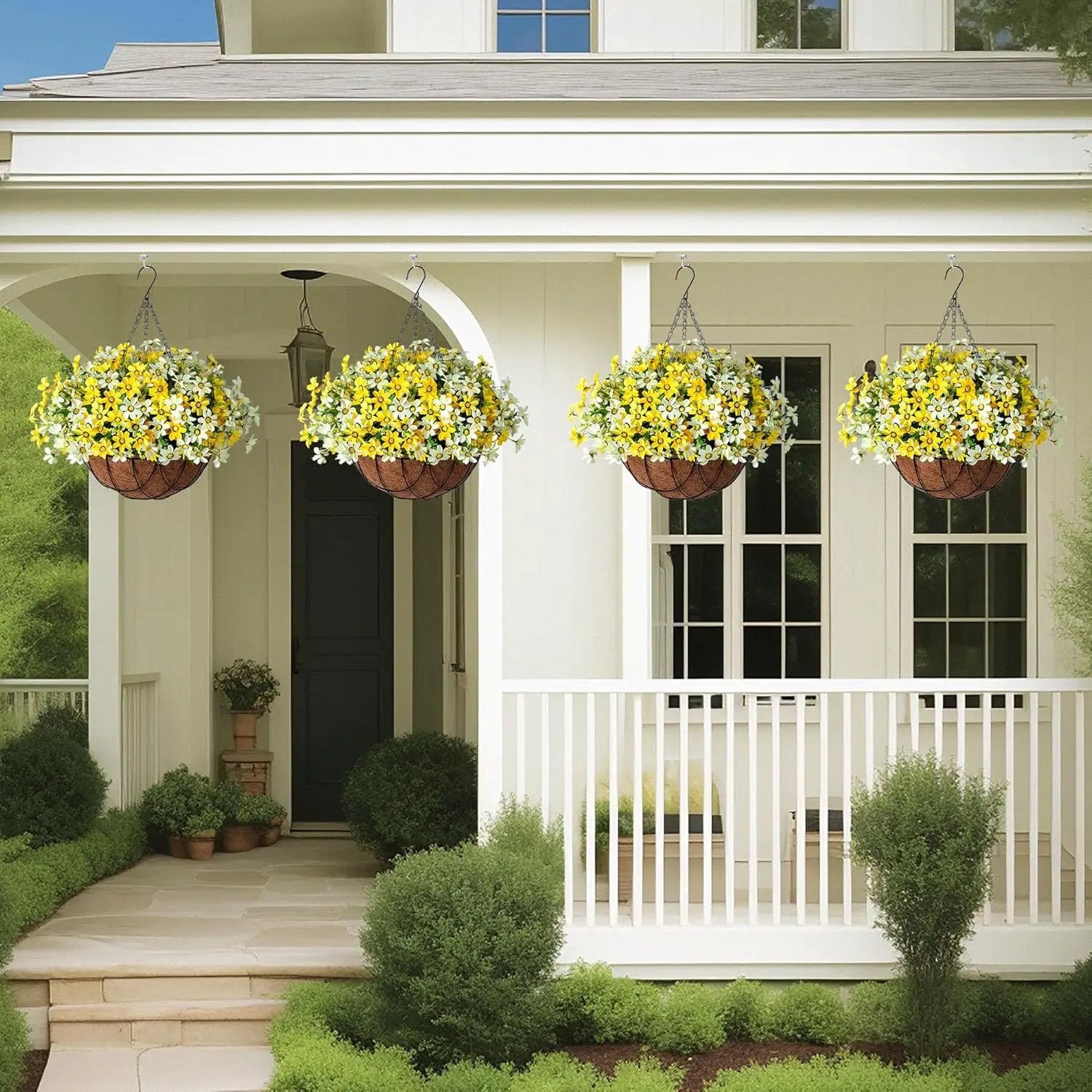 Artificial Silk Flowers Hanging Baskets Outdoors,Chrysanthemum with Eucalyptus Leaves Arrangement for Garden Yard Decor,Faux Plant in Metal Coconut Lining Flowerpot(Yellow) by GreenHaven Gardens