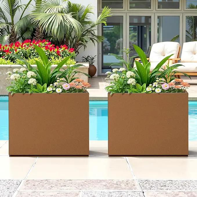 FENCY Metal Planter Box, Large Rectangular Planters for Outdoor Plants, Outdoor Tall Planters with Drainage Holes, Brown Metal Planters (30" L x 12" W x 24" H) by GreenHaven Gardens
