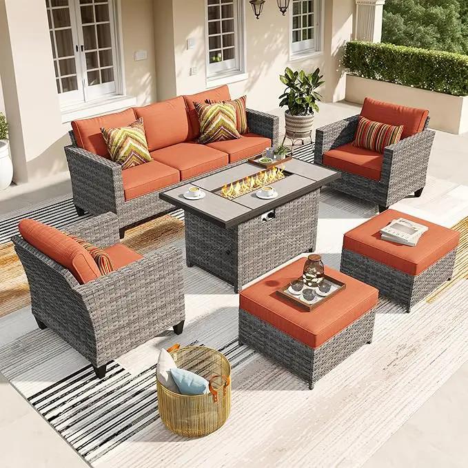 ovios 6 Pieces Patio Furniture Set with 42" Fire Pit Table, Outdoor Wicker Sofa with Comfy Cushions, All Weather High Back Rattan Couch Conversation Set, Orange Red by GreenHaven Gardens