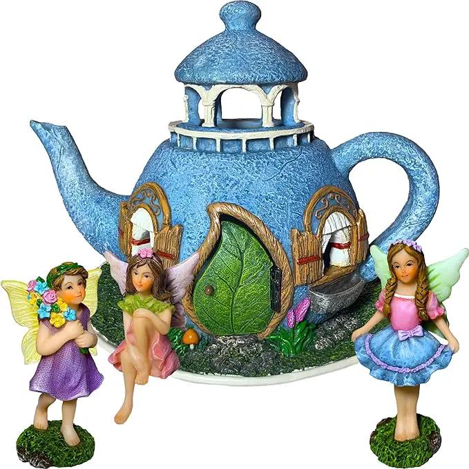 Mood Lab Fairy Garden Miniature Teapot House Kit - Figurines and Accessories Set of 4 pcs - 7.1 Inch Tall House by GreenHaven Gardens
