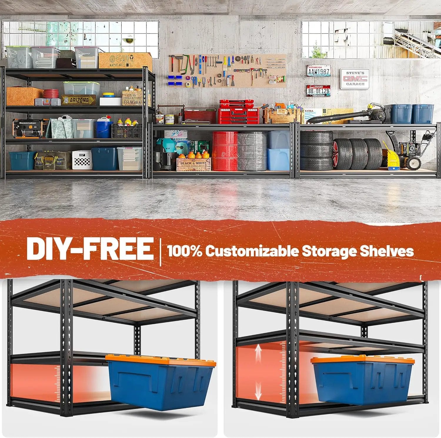 REIBII 48" W Garage Shelving Heavy Duty 2550 LBS Storage Shelves 4 Tier Heavy Duty Shelving, Adjustable Metal Shelves, Industrial Shelf for Garage, Warehouse, Pantry, 48" W x 60" H x 24" D by GreenHaven Gardens
