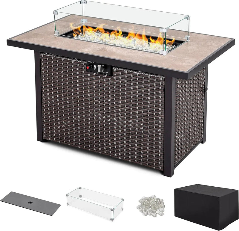Nuu Garden 43" Propane Fire Pit Table, CSA Certified 50,000 BTU Outdoor Patio Propane Fire Pit Table with Fire Pit Wind Guard, Removable Lid, Ceramic Tabletop, Water-Proof Oxford Cover, Dark Brown by GreenHaven Gardens