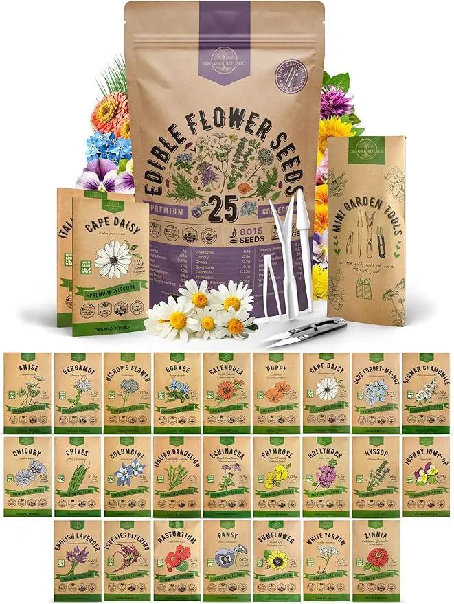 Organo Republic 25 Edible Flower Seeds Variety Pack- Indoor/Outdoor. 8000+ Non-GMO Heirloom: Anise, Hyssop, Nasturtium, Pansy, Echinacea, Lavender, Chives Seeds & More by GreenHaven Gardens