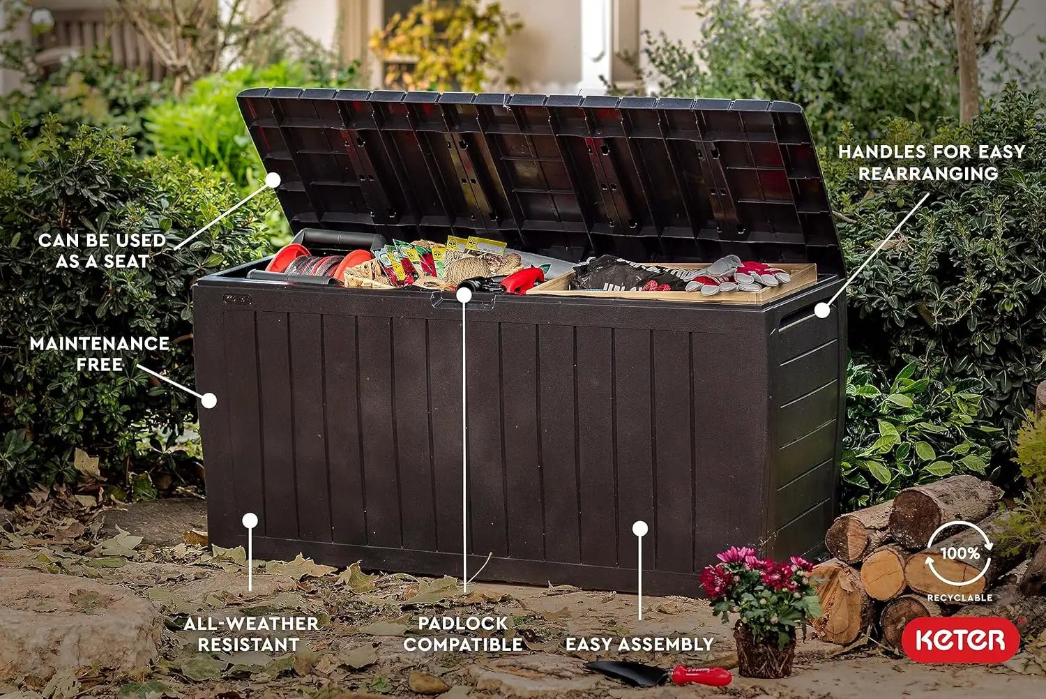 Keter Marvel Plus 71 Gallon Resin Outdoor Storage Box for Patio Furniture Cushions, Throw Pillows, Garden Tools and Pool Floats, Brown by GreenHaven Gardens
