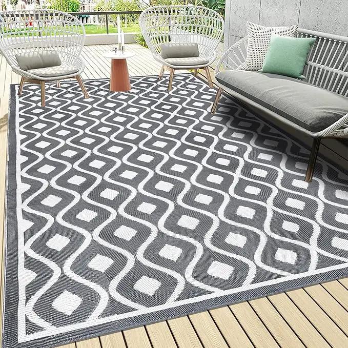 Pauwer Waterproof Outdoor Rug 6x9, Reversible Plastic Straw Patio Camping Rug, Indoor Outdoor RV Mat Carpet for Deck, Camper, Porch, Balcony, Backyard, Picnic, Geometric Grey by GreenHaven Gardens