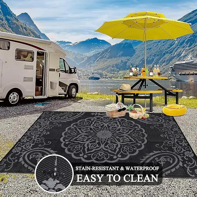 Pauwer Waterproof Outdoor Rug 8x10, Reversible Plastic Straw Patio Camping Rug, Indoor Outdoor RV Mat Carpet for Deck, Camper, Porch, Balcony, Backyard, Picnic, Boho Black Grey by GreenHaven Gardens