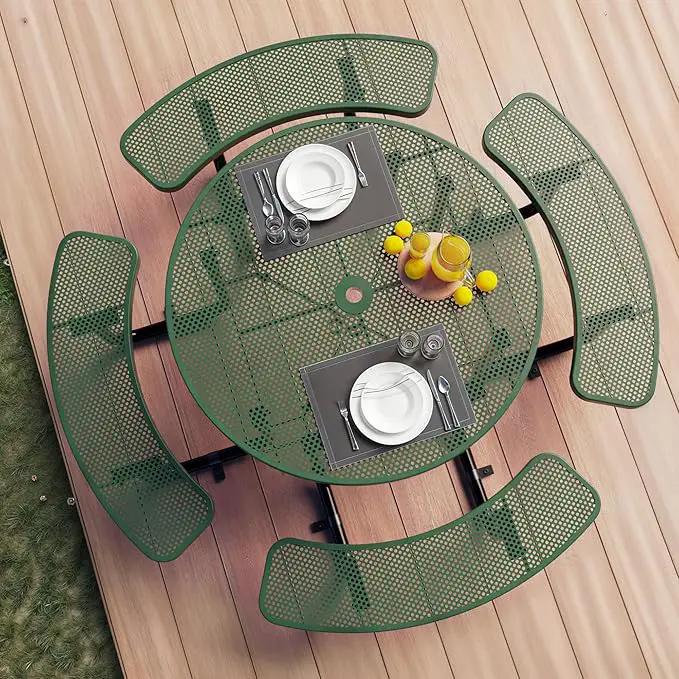 Metal Picnic Tables for Outdoors with Umbrella Hole - Coated Steel Heavy Duty Commercial Grade Table with Adjustable Seats (Green, 46 in, Round, Punched Steel) by GreenHaven Gardens