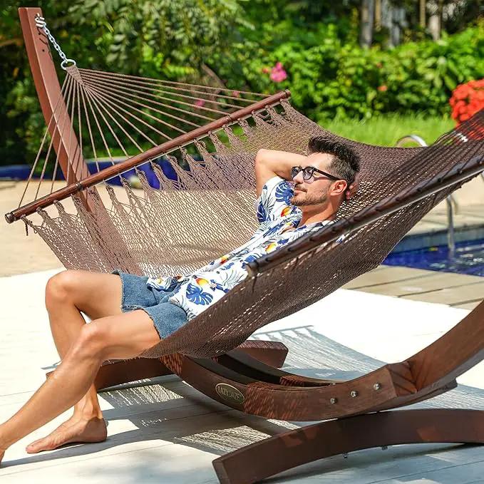 Lazy Daze Hammocks 10.5 FT Double 2 Person Caribbean Rope Hammock, Hand Woven Polyester Hammock with Spreader Bars for Outdoor Backyard Patio Poolside, 450 LBS Capacity, Brown by GreenHaven Gardens