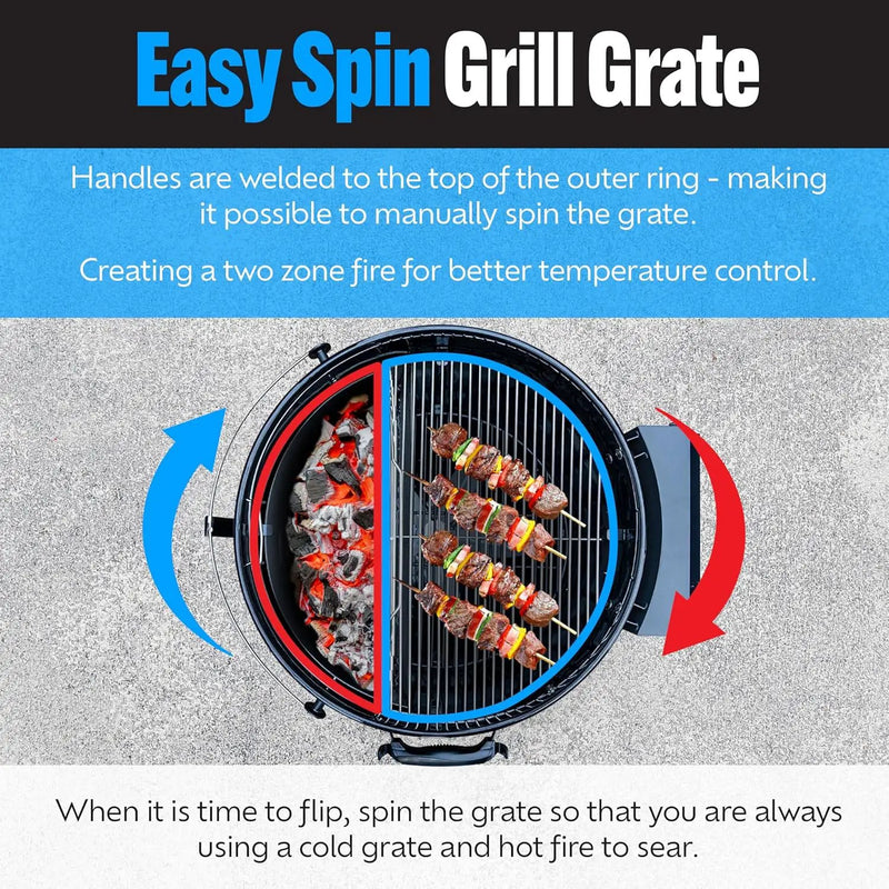 SnS Grills EasySpin Charcoal Grill Cooking Grate, 304 Stainless Steel, Large Hinged Opening, Perfect for 2-Zone Cooking, Replacement Grate Compatible with Weber & Other Grills - Fits 22” Kettles by GreenHaven Gardens
