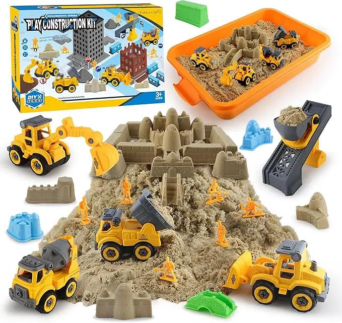Construction Sandbox with Lid - 4 Vehicles with 1 Conveyor, 8 Castle Molds, 6 Figures & 3lbs Moldable Sand - Preschool Sensory Bin for Fine Motor Skills, Ages 3-6 by GreenHaven Gardens