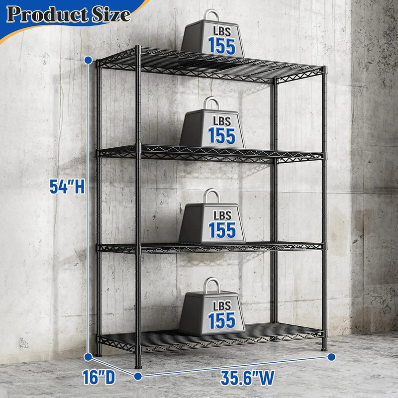 4- Shelf Metal Shelving Unit Adjustable Storage Shelves Heavy Duty Garage Shelving Steel Wire Shelving for Laundry Bathroom Kitchen Pantry Closet Garage Black, 35.6Wx16Dx54H by GreenHaven Gardens