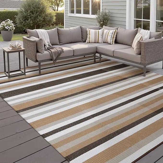 Outdoor Waterproof Rug 6'x9' Plastic Straw Rugs Washable Reversible Floor Mat Brown Stripe Carpet for Camping RV Deck Entryance Porch Picnic Balcony Beach Backyard by GreenHaven Gardens
