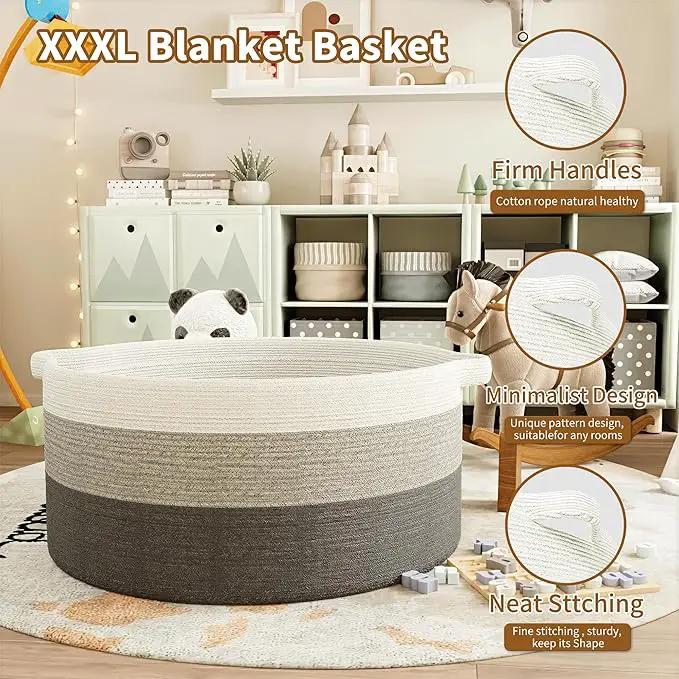 125L Extra Large Blanket Basket, 25" x 16", Jumbo Laundry Woven Baskets Decorative Home, Cotton Rope Basket with Handles, Baby Toy Baskets for Storage, Gradual Gray, 2PC by GreenHaven Gardens