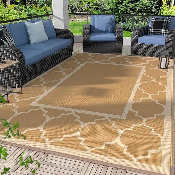 GENIMO 5' x 8' Outdoor Rug Waterproof for Patio Decor, Foldable Reversible Plastic Straw Area Rugs Mat for Camper, Outside Carpet for Rv, Deck, Porch, Picnic, Beach, Balcony, Brown & Beige by GreenHaven Gardens