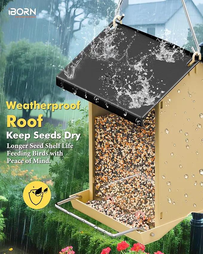 iBorn Bird Feeders for Outdoors,Bird House Feeder with Weatherproof Metal Roof & 8 Drain Holes,Fully Detachable Birdfeeder Design,Easy Clean & Refill,Chew-Proof PC Windows,1.5 Lbs Capacity,Black Roof by GreenHaven Gardens