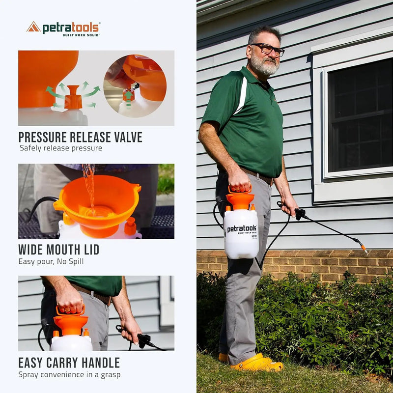 Petratools 1 Gallon Pump Sprayer – HD101 Garden Sprayer for Weeds, Lawn Care & Pesticides – 52” Long Hose, 2 Nozzles & Easy Carry Handle – Durable & Lightweight by GreenHaven Gardens