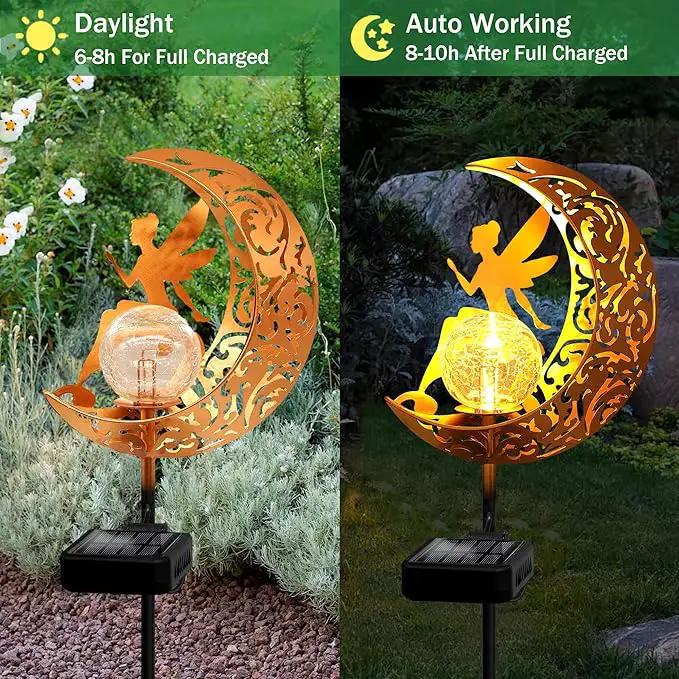 Garden Solar Lights Outdoor Decorative, Moon & Fairy Solar Stake Crackle Glass Globe, Gardening Gifts for Women, Garden Stake Lights Waterproof for Walkway, Yard, Lawn, Patio (Warm White) by GreenHaven Gardens